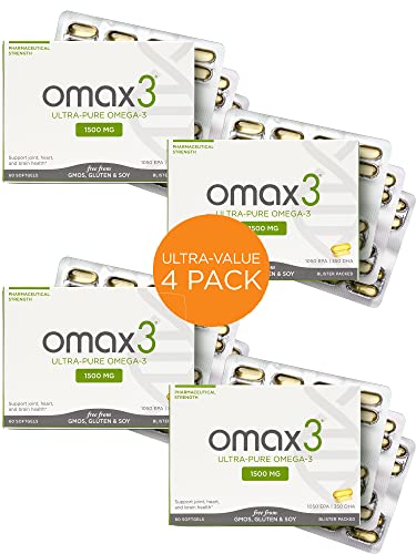 Omax3 4 Boxes Ultra-Pure Omega-3 Fish Oil Pills | High Concentration EPA DHA,1500 MG, Gluten Free, Non-GMO, Made in USA, 240 Softgels Blister Packs (4 Boxes)