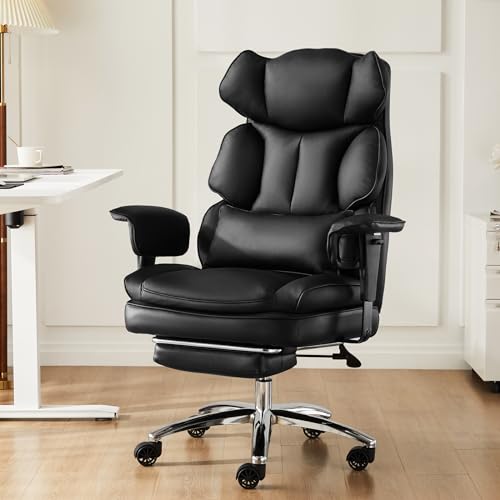 DUMOS Executive Home Office Desk Chair Ergonomic Big Tall High Back with Footrest & Lumbar Support, Reclining Height Adjustable Comfy PU Leather Computer Gaming with Swivel Wheels, Black