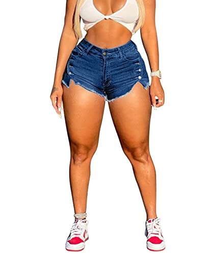 SIAEAMRG High Waisted Womens Jean Shorts for Summer, Casual Summer Stretchy Frayed Raw Hem Teen Girls Denim Shorts (D-Blue, L)