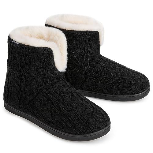 HomeTop Cozy Boot Slippers for Women Fuzzy Memory Foam Booties with Indoor Outdoor Rubber Sole (7-8, Black)