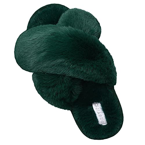 JIASUQI Womens Fuzzy House Slippers Sandals Plush Faux Fur Fluffy Flats Slippers Cross Band Soft Warm Slide Slippers Green 6-7