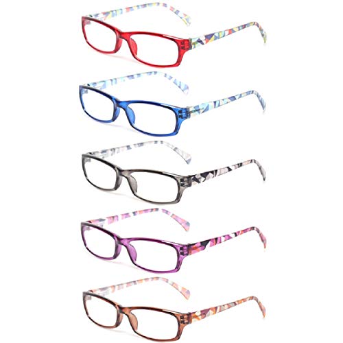 Reading Glasses 5 Pairs Fashion Ladies Readers Spring Hinge with Pattern Print Eyeglasses for Women (5 Pack Mix Color, 1.5)