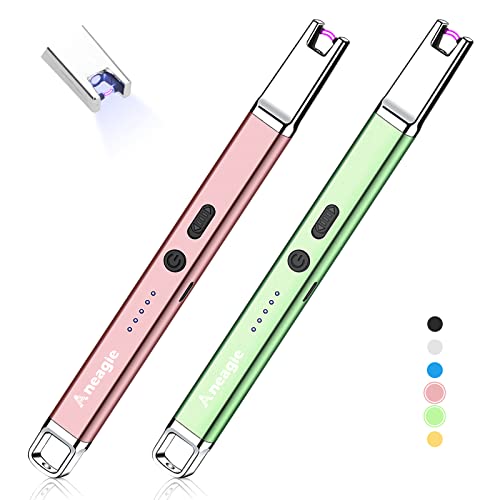 Aneagle Lighter Electric Candle Lighter 2 Packs Upgraded Rechargeable Candle Lighter with LED Flashlight Windproof Flameless and Hanging Hook LED Battery Display Arc Lighter for Candle Grill Camping