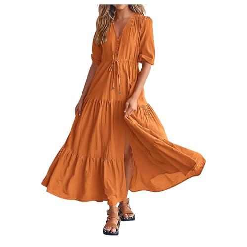 Generic Women Long Maxi Dresses 2024 Spring Summer Dress Short Sleeves V Neck Button Drawstring Waist Solid Color Boho Dress Orange, X-Large