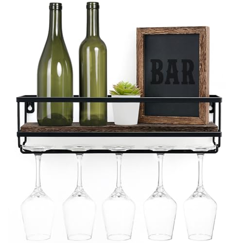 Mkono Wall Mounted Wine Rack - Bottle & Glass Holder Wood Rustic Floating Racks with Stemware Hanger Modern Plants Photos Wine Bottles Display Wall Storage Shelf for Kitchen Dining Room Home Bar