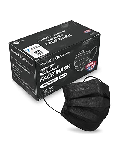 FriCARE Made in USA, 4-ply Black Disposable Face Mask ECOGUARD, ASTM Level 3 Performance Proven in Third Party Independent Labs Studies Pack of 50