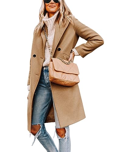 Yidarer Women's Winter Wool Mid-Long Coat Notch Lapel Single-Breasted Trench Coat Outwear(Khaki-M)