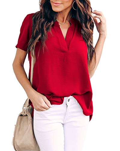 Allimy Women Summer Casual Short Sleeve V Neck Chiffon Blouses Fashion 2024 Tops Large Red