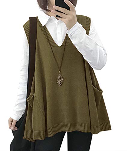 YESNO Sweater Vest Women Loose Swing Cotton Cute Oversized Knit Pullover Sleeveless Sweater Tops with Drop Pockets 3XL WM9 Olive