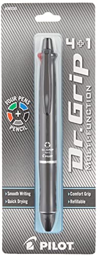 Pilot Dr. Grip 4+1 Multi-Function Refillable & Retractable Ballpoint Pen + Pencil, Fine Point, Black Barrel, Black/Red/Blue/Green Inks, Single Pen (36220)
