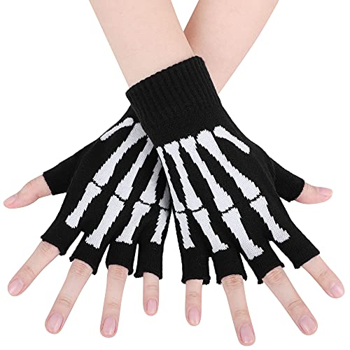 Simplicity Skull Gloves Women Men Knitted Stretchy Skeleton Fingerless Gloves