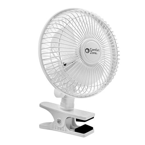 Comfort Zone Portable Clip on Fan with Fully Adjustable Tilt, Electric, 6 inch, Quiet, Indoor, 2 Speed, Mini Desk Fan, Table Fan, Airflow 6.53 ft/sec, Ideal for Home, Bedroom, Dorm & Office, CZ6C