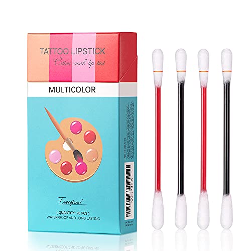 Eliversion 20Pcs Tattoo Lipstick Cotton Swab, Waterproof Non-Stick Tattoo Lipstick Cotton Swab Lip Tint, Long Lasting Lip Gloss Cotton Swab Matte