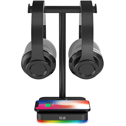 KAFRI RGB Dual Headphone Stand with Wireless Charger Desk Gaming Double Headset Holder Hanger Rack with 10W/7.5W QI Charging Pad - Suitable for Gamer Desktop Table Game Earphone