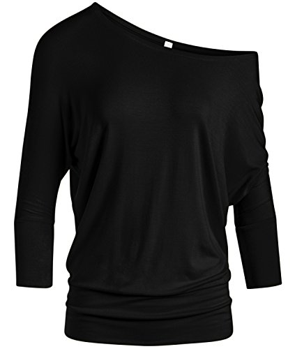Simlu Dolman 3/4 Sleeve Drape Round Neck Top With Banded Waist - Made In USA, Black, X-Large