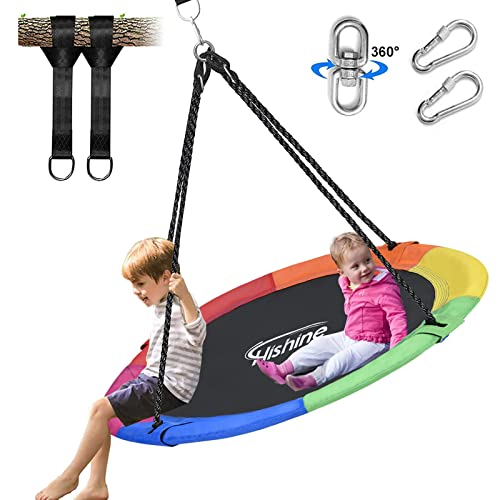 Hishine 43' Saucer Tree Swing for Kids, 360° Rotate Waterproof Flying Saucer Swing with Swivel, Hanging Straps, Adjustable Ropes, Round Mat Spinner Swing for Tree/Swing Set (Rainbow)