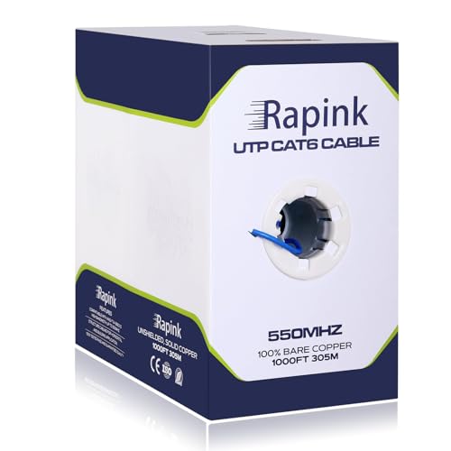 Rapink Cat6 Ethernet Cable 1000ft, Cat6 ethernet Cable 23AWG Solid Bare Copper 10G Support, UTP cat6 Cable 550MHZ, cat 6 Cable 1000ft POE Support Blue