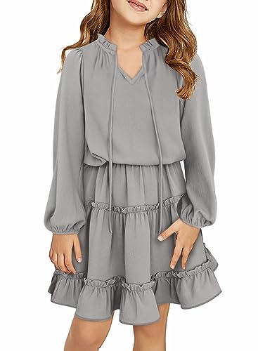 blibean Girl Fall Long Sleeve Dress Tween Kid Tiered Aline Dresses Maxi Boho Midi Dress Bohemian Solid Flowy Swing Clothes Size 6-7 Years Medium Grey