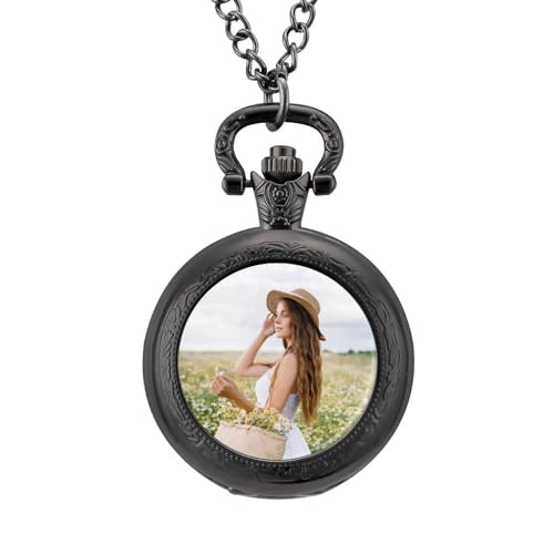 DSLFBM Personalized Pocket Watch, Custom Pocket Watch with Photo Text Image, for Family, Friends, Birthday, Christmas, Valentine's Day, Customized Gift, Black