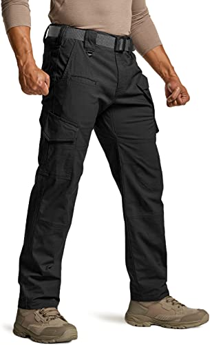 CQR Men's Flex Ripstop Tactical Pants, Water Resistant Stretch Cargo Pants, Lightweight EDC Hiking Work Pants, Dura Flex Mag Pocket Black, 34W x 32L
