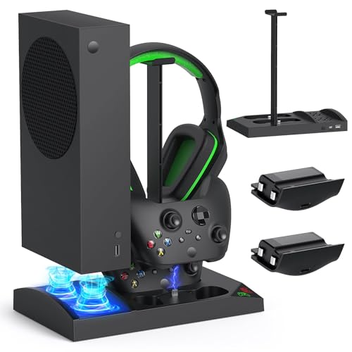 Cooling Fan with Charging Stand for Xbox Series S Console and Controller, Dual Charger Dock Accessories with 2 x 1400mAh Rechargeable Battery and Cover, Headphone Mount for Xbox Series S, Black