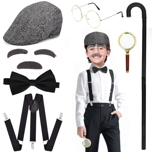 FAYBOX Old Man Costume for Kids Adults,100 Days of School Costume for Boys,Halloween Peaky Blinders Costume