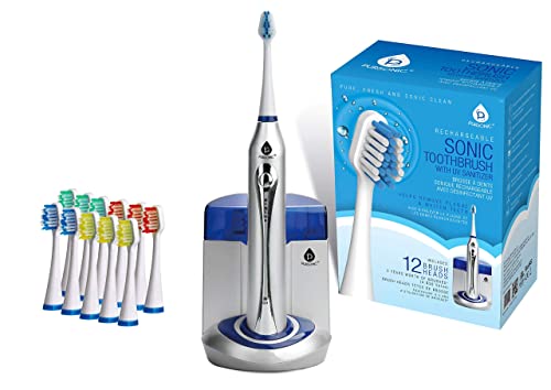 Pursonic S450 Deluxe Plus Rechargeable Sonic Electric Toothbrush with built in UV Sanitizer and bonus 12 brush heads included, Silver
