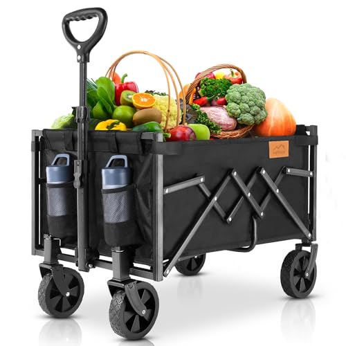 Uyittour Collapsible Wagon Cart Foldable with 220lbs Weight Capacity, Lightweight Portable Folding Utility Grocery Shopping Cart with Wheels for Camping Sports Beach and Shopping