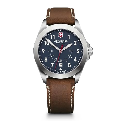 Victorinox Swiss Army Heritage Watch - Premium Swiss Watch for Men - Stainless Steel Analog Wristwatch - Great Gift for Birthday, Holiday & More - Blue Dial, Grey Case, Brown Leather Strap