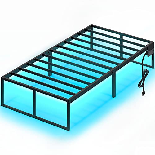 Rolanstar Bed Frame with USB Charging Station, Twin Bed Frame with LED Lights, Platform Bed Frame with Heavy Duty Steel Slats, 14' Storage Space Beneath Bed