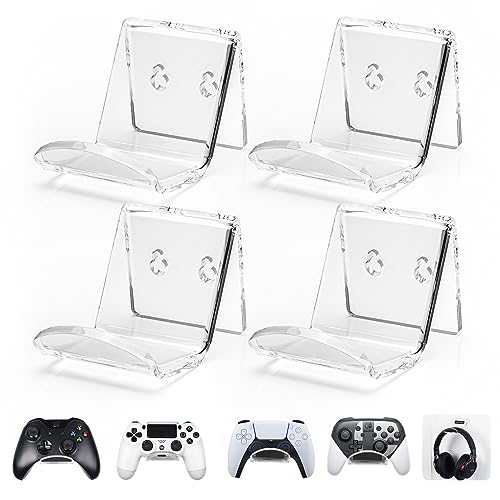 OAPRIRE Game Controller Wall Mount Holder Stand (4 Pack) for XBOX ONE PS4 PS5 STEAM SWITCH PC, Universal Gamepad Controller Accessories with 4 Cable Clips - Create Exclusive Game Fortresses - Clear
