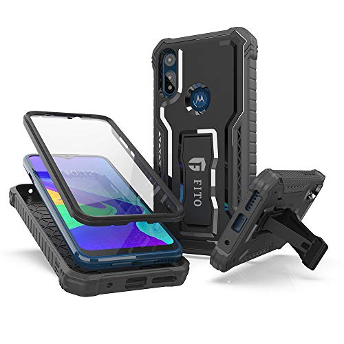 FITO Moto E Phone Case, Dual Layer Shockproof Heavy Duty Case for Motorola Moto E 2020 Phone with Screen Protector, Built-in Kickstand (Black, 6.2 inch)