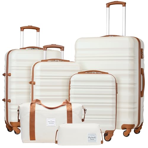 LONG VACATION Luggage Set 4 Piece Luggage Set ABS hardshell TSA Lock Spinner Wheels Luggage Carry on Suitcase (WHITE-BROWN, 6 piece set)