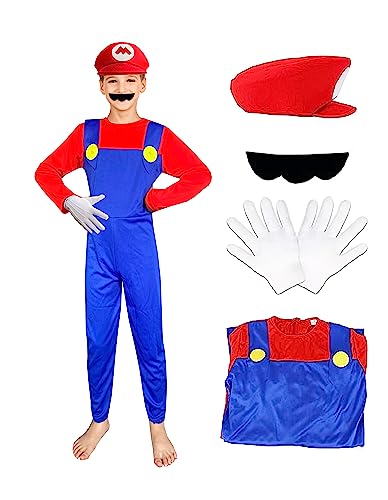 Vowdicua Super Brothers Cosplay Costume Kids Plumber Jumpsuit With Gloves Red Large
