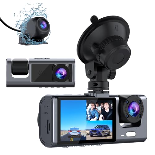 3 Channel Dash Cam Front and Rear Inside, 1080P Dash Camera for Cars, Dashcam Three Way Triple Car Camera with IR Night Vision, Loop Recording, G-Sensor, Parking Monitor, 24 Hours Recording