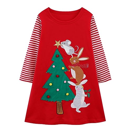Little Girl Christmas Dress Long Sleeve Cotton Casaul Red Applique Playwear Shirt Jersey Party Dresses 6 Years