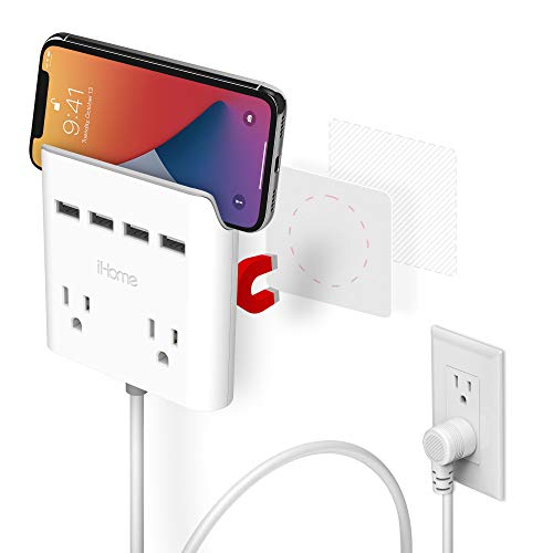 iHome Power Reach Multi-Plug Outlet Extender and Splitter, Fast Charging Portable Power Station with 2 Outlets and 4 USB Ports, 6 ft Extension Cord and Magnetic Wall Mount White