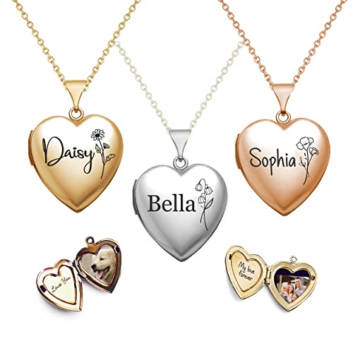 Twenty&Sixty Personalized Heart Locket Necklace for Women, Girl, Kids, Holds Pictures, Birth Flower Personalized & Engraved Picture Locket Necklace Gold/Silver/RoseGold