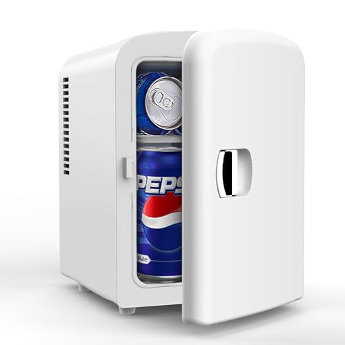 PERSONAL CHILLER Portable Mini Fridge Cooler and Warmer, 4 Liter Capacity Chills Six 12 oz Cans, Snacks, and Skincare Products, A/C Operation, 100% Freon-Free（White）