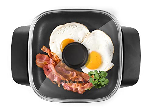 Elite Gourmet EG808 8” x 8' Non-stick Electric Skillet, Dishwasher Safe with Tempered Glass Vented Lid, Rapid Heat Up, 600W, Black