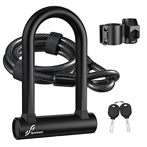 Sportneer Bike Lock Set Heavy Duty Bike U Lock with 5 Ft Security Steel Cable, 17mm Shackle Bicycle U-Locks with Keys and Sturdy Mounting Bracket for Road Mountain Bike