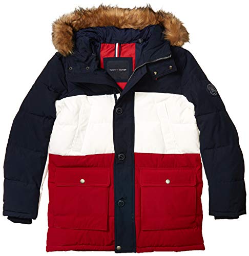 Tommy Hilfiger mens Arctic Cloth Heavyweight Performance Parka Down Coat, Navy/White/Red, Large US