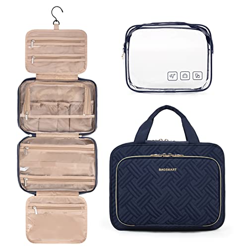 BAGSMART Toiletry Bag Hanging Travel Makeup Organizer with TSA Approved Transparent Cosmetic Bag Makeup Bag for Full Sized Toiletries, Large-Navy