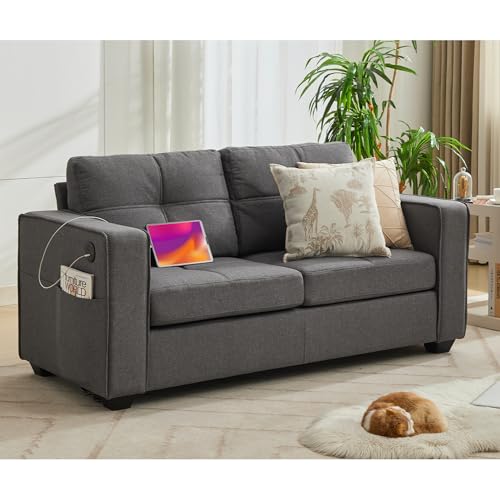 TYBOATLE 65' W Morden Linen Fabric Sofa Couch w/ 2 USB Charging Ports and Wide Arms, Mid-Century Comfy Upholstered Loveseat Couches for Living Room, Bedroom, Office, Easy Assembly (Dark Grey)