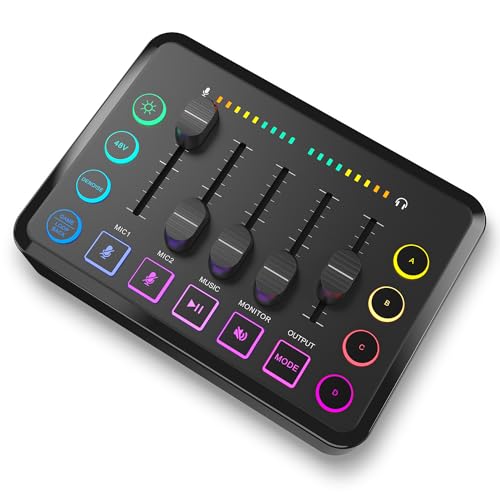 Gaming Audio Mixer, Audio Mixer for Streaming, Streaming RGB PC Mixer with XLR Microphone Interface, Volume Fader, 48V Phantom Power, for Podcast/Recording/Game Voice/Youtube/TikTok/Vocal