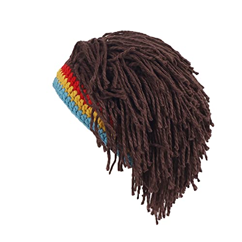 Men Knit Hat with Hair Boys Funny Handmade Knitting Winter Hat Beanie Rasta Hat with Dreadlocks (B-Brown)