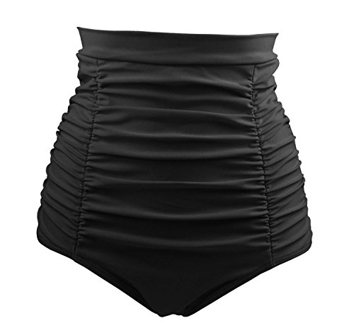 COCOSHIP Black Women's Retro Solids High Waisted Bikini Bottom Ruched Swim Short Tankinis M(FBA)
