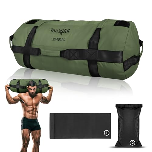 Yes4All Sandbags for Working Out, Adjustable Sand bags for Weight Training with Handles - Army Green - M