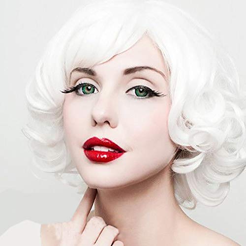 STfantasy White Curly Wigs with Bangs for Mrs Claus Cosplay Costume Short Layered Synthetic Hair Party