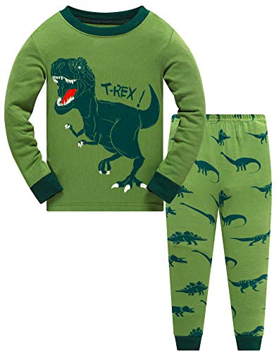 Akyzic Toddler Boys Pajamas 100% Cotton Winter Pjs for Boy Jammies T-Rex Dinosaur Sleepwear Clothes Sets(Green Dinosaur-6231 4T)